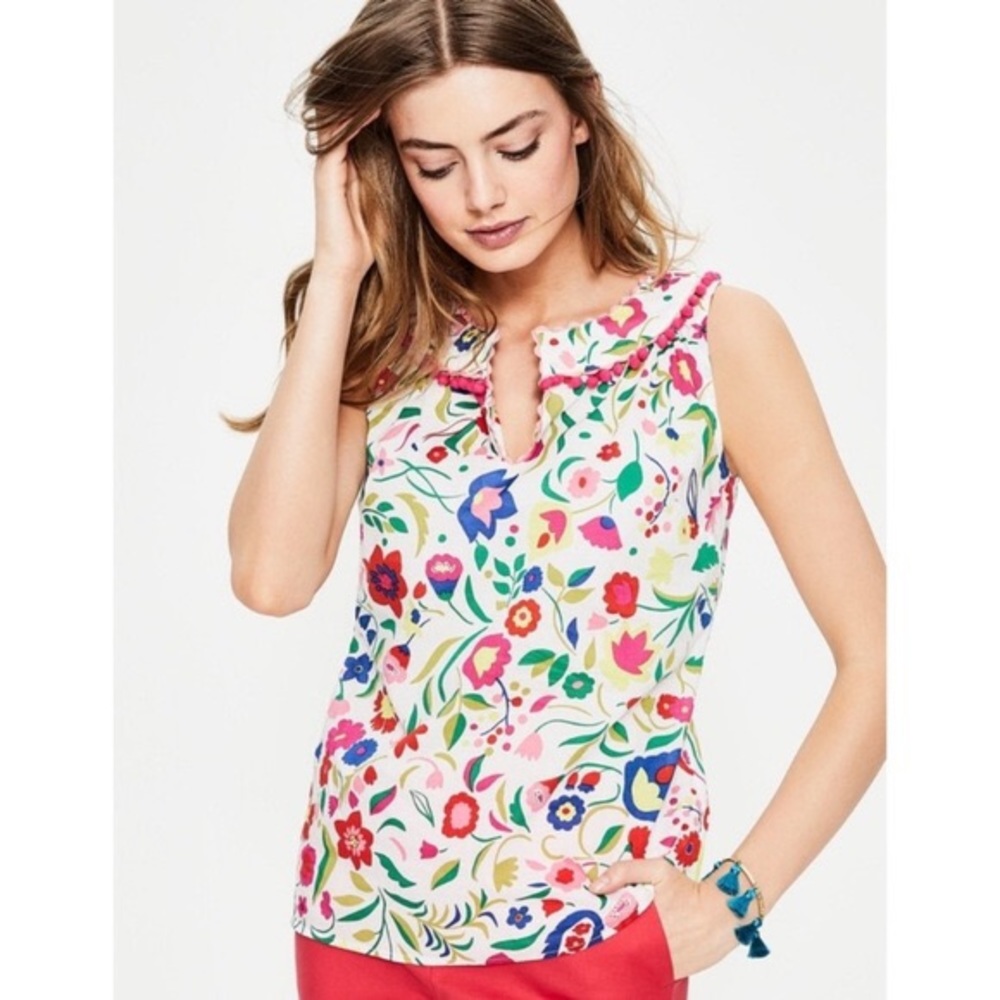 Boden Floral Ruffle-Trim Sleeveless Tank in White, Pink, Green, Blue